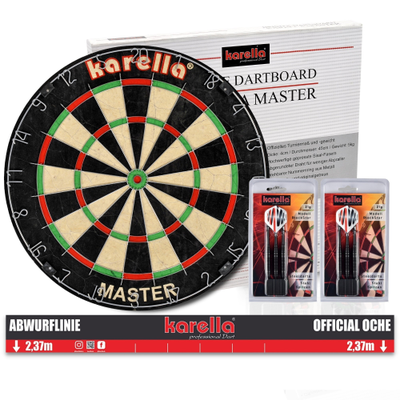 Bundle Dartboard Karella Master im Set inklusive 2 Satz Karella Steeldarts & Abwurflinie